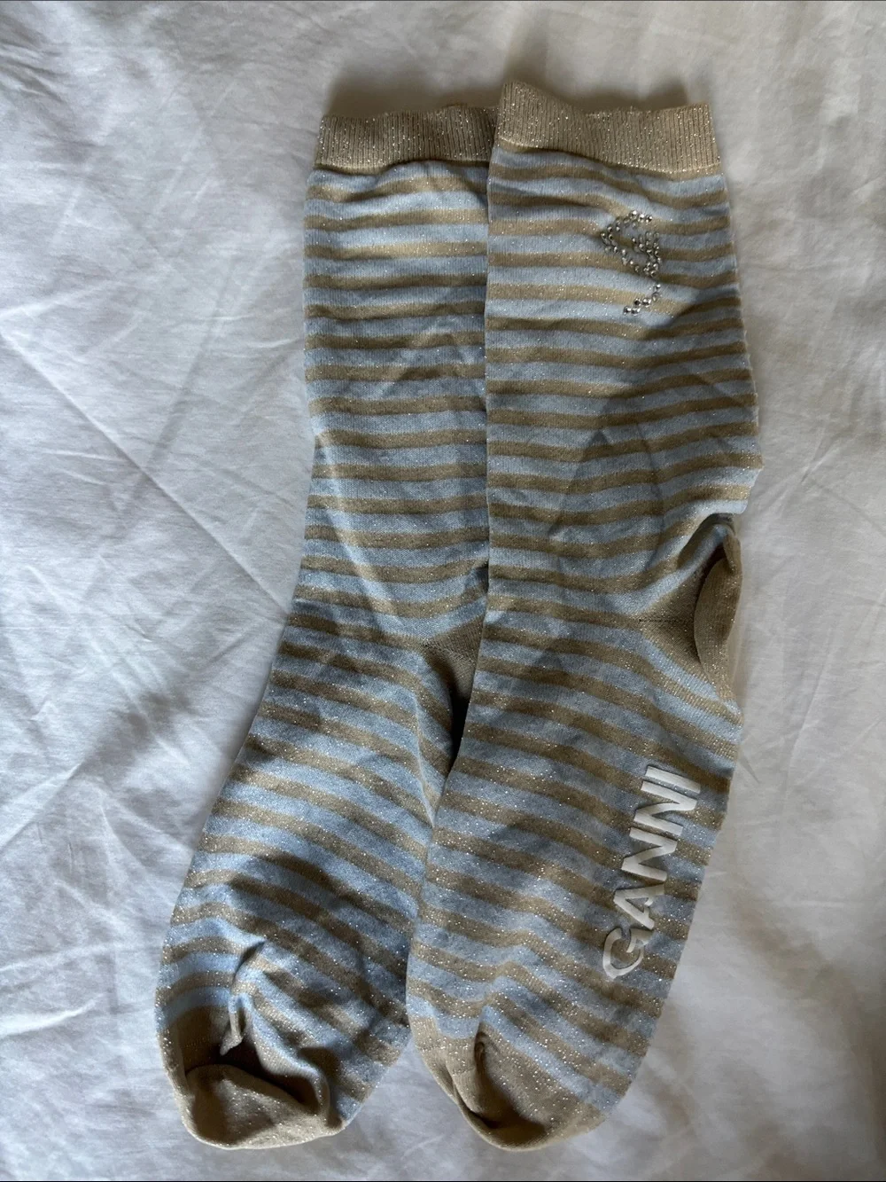 Ganni Light Blue & Gold Striped Sparkle Ankle Socks